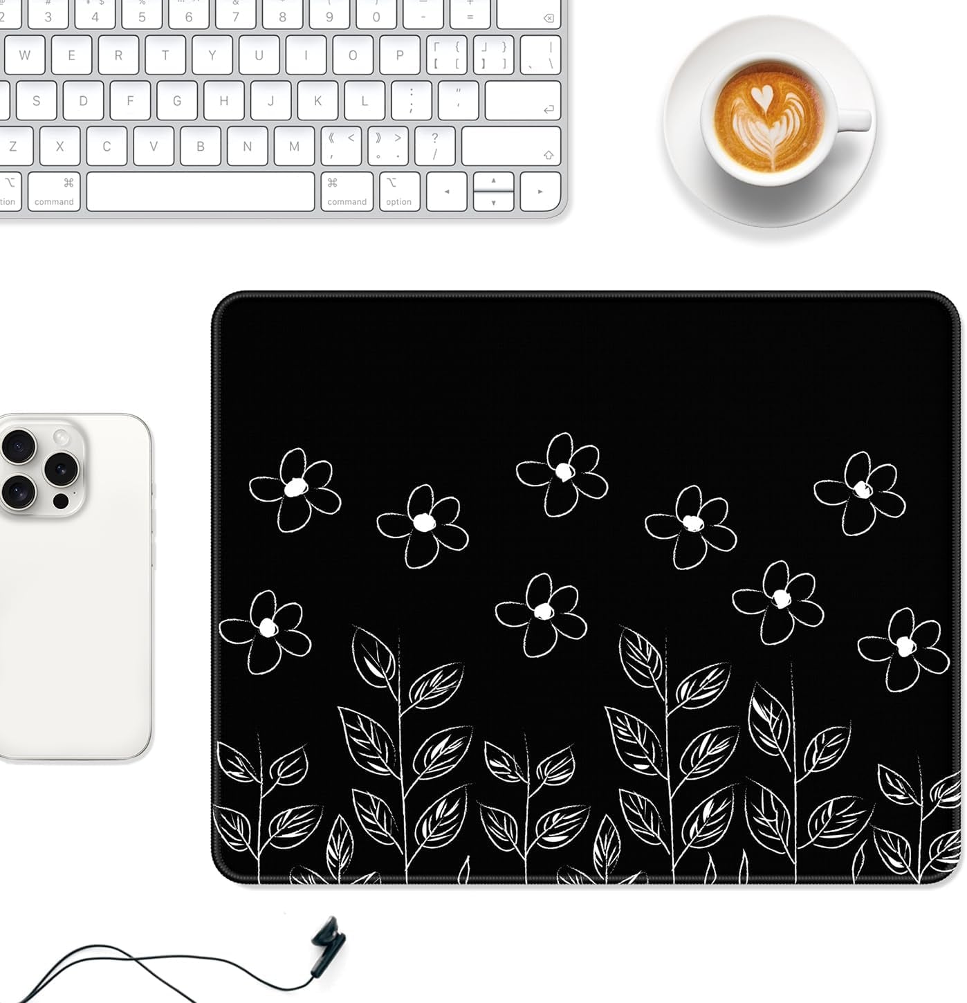 Mouse Pad, 12 X 10 in Flower Theme Computer Mouse Pad for Desk, Premium-Textured Non-Slip Rubber Stitched Edges Waterproof Square Mouse Mat for Gaming Work Wireless Mice, Black